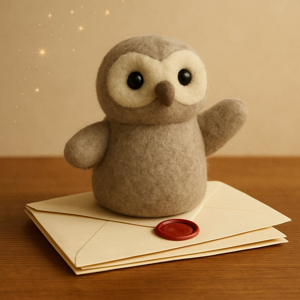 Gray owl puppet perched on stacked sealed envelopes with a red wax seal